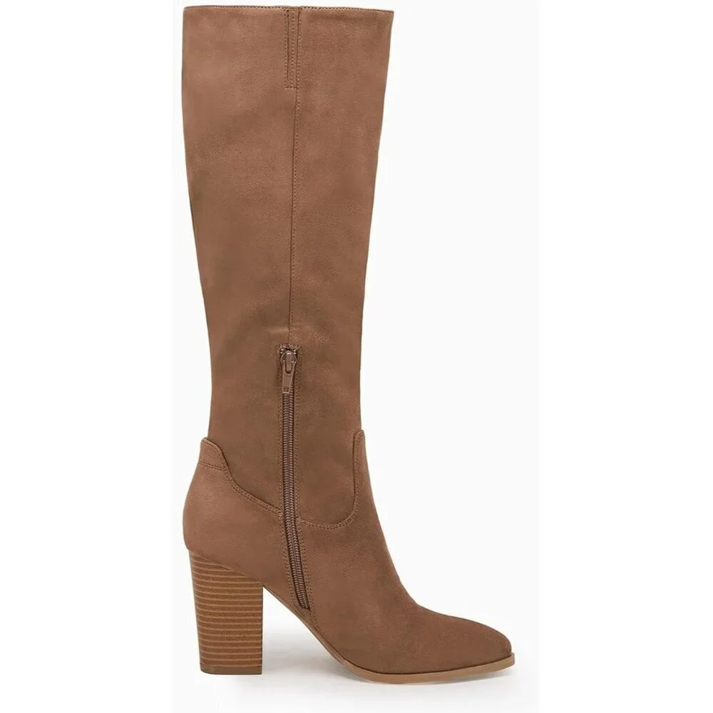 Women Faux Sueder Brown Knee High Chunky Heel Side Zipper Stretch Winter Boot